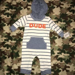 Striped long sleeve hooded one piece.
